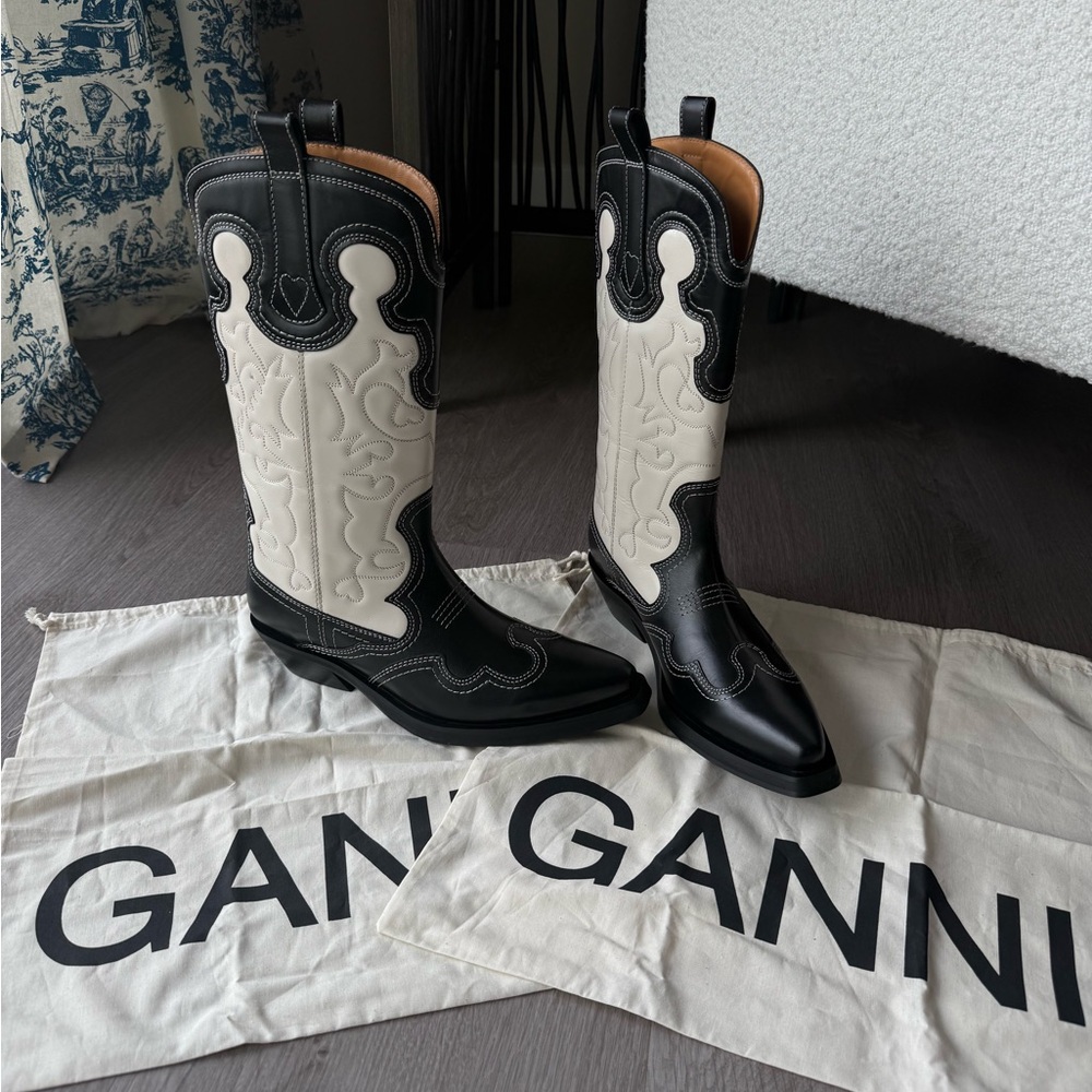 GANNI Black & White Mid Shaft Embroidered Western Boots 39